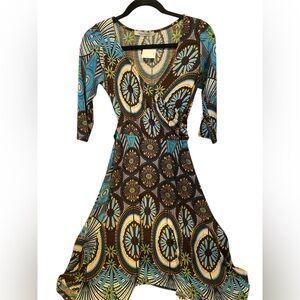 Michael Farrell - Retro 1970s Style Geometric Print ¾ Sleeve A-Line Dress